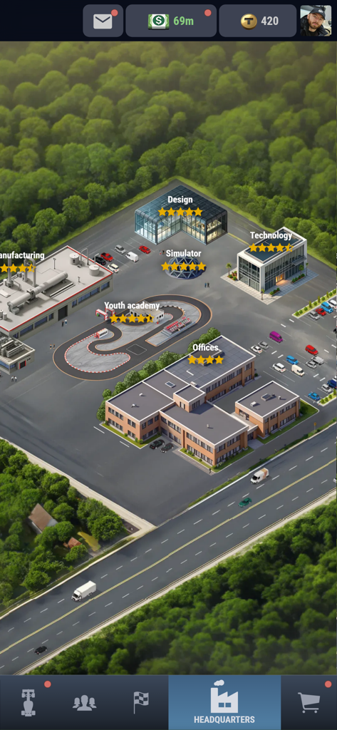 Aerial view of the racing team headquarters in iGP Manager 26 featuring design, technology, and manufacturing buildings