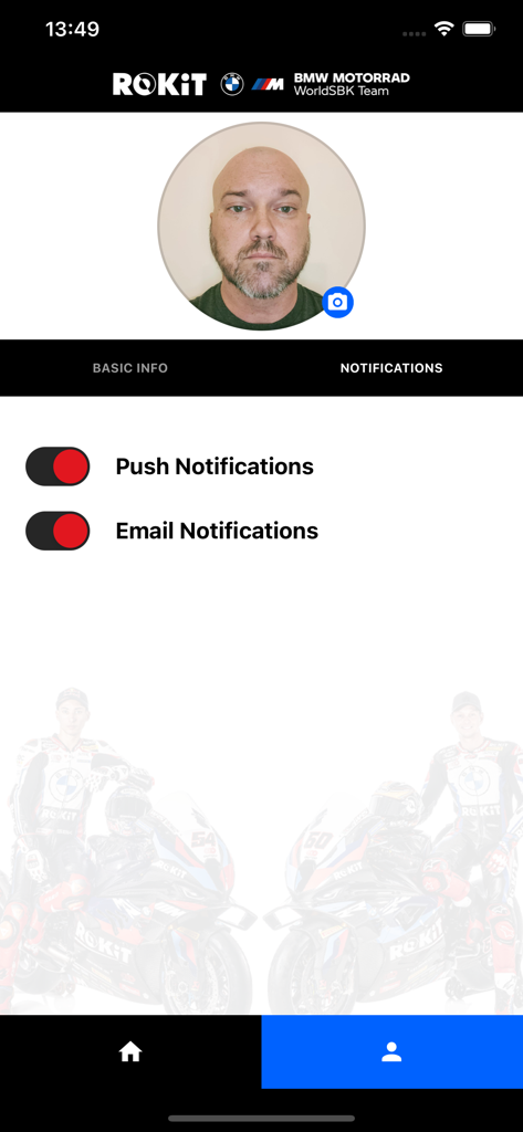 ROKiT BMW Motorrad WorldSBK - Configurações de notificação do perfil no aplicativo ROKiT BMW Motorrad WorldSBK