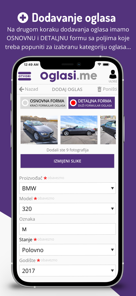 Oglasi - Smartphone screen showing a detailed car advertisement form on the Oglasi marketplace app