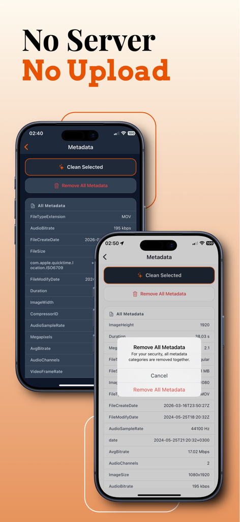 iPhone의 VidClear 앱 인터페이스로, 모든 동영상 메타데이터를 안전하고 오프라인으로 제거하는 옵션이 표시됩니다.