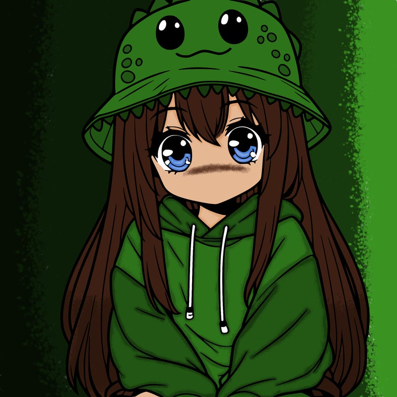 girl with anime shaped eyes with a dinosaur bucket hat oversized sweatshirt long straight hair