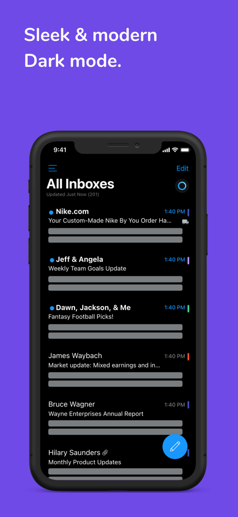 Email - Edison Mail - モダンなダークモードデザインのEdison Mailの統合受信トレイビュー。