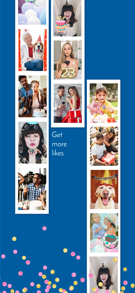 Happy Birthday - Video Maker - Un collage que muestra varios momentos de celebración de cumpleaños con el texto Obtén más me gusta.