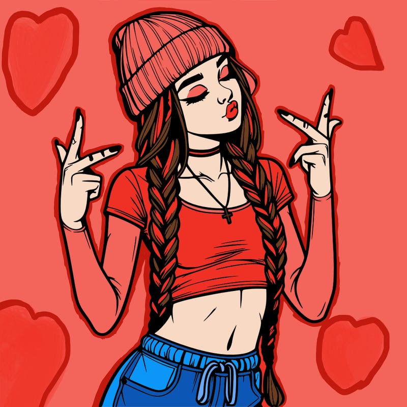 realistic teenage girl with braids and a beanie and crop top doing 🫶🏼