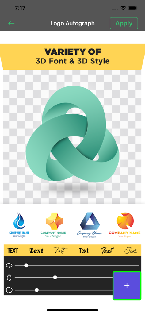 Create Logo Maker for Business - Interfaz de la aplicación Creador de Logos que muestra un editor de logos 3D con varias plantillas y estilos de fuente