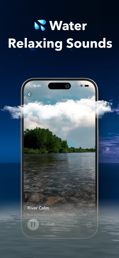Thunderstorm Sleep Sounds - Smartphone displaying the Nook app with a River Calm visual soundscape and water relaxing sounds text