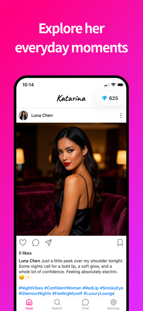 AI Girlfriend - Katarina - Social media style feed in the Katarina AI Girlfriend app featuring a post from character Luna Chen.