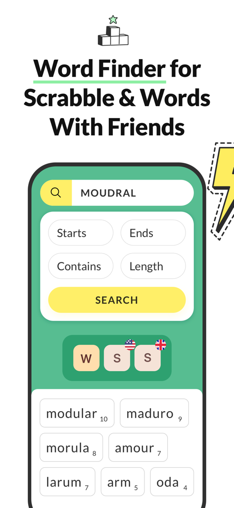 Wordfinder by WordTips app interface showing word suggestions and scoring for Scrabble and Words With Friends