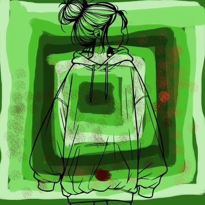 realistic girl with a oversized sweatshirt on and a bun