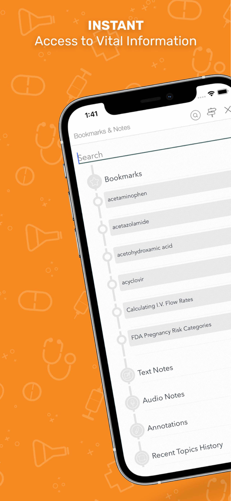 Nurse’s Drug Handbook - Interface of the Nurse's Drug Handbook app showing bookmarks and notes for medications on an iPhone