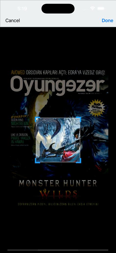 A mobile screenshot of the Oyungezer magazine cover featuring the game Monster Hunter Wilds.