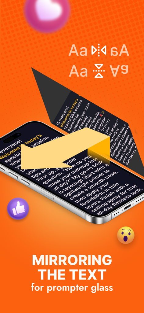 Teleprompter Video Script Pro - Teleprompter app interface showing the mirrored text feature for use with professional prompter glass