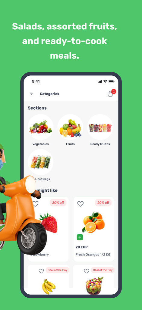 Tazah app interface showing categories for fresh fruits and vegetables with delivery service icon