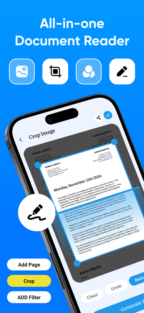 All Document Viewer - Open PDF - Interface of the All Document Viewer app showing the image cropping tool for a document scan on a smartphone