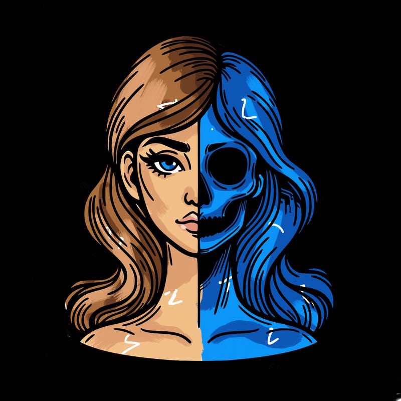 bust of a woman, half face and hair, half skull