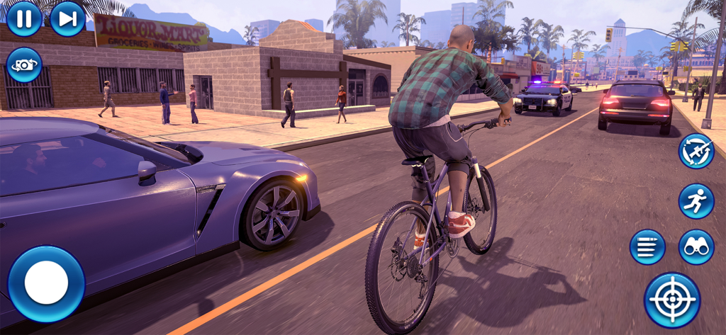 City Police Gangster Revenge - Third-person gameplay view of a character riding a bicycle on a city street in City Police Gangster Revenge
