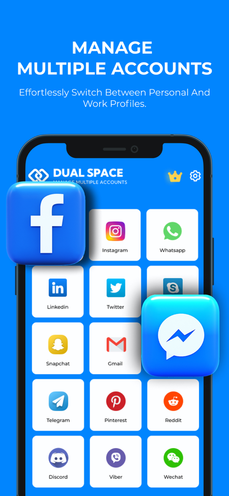 Un smartphone affichant l'interface de l'application Dual Space avec une grille d'icônes de médias sociaux comme Facebook, Instagram et WhatsApp pour gérer plusieurs comptes.