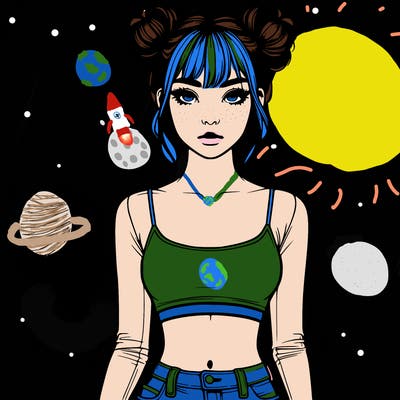 realistic girl with space buns and bangs and a crop top