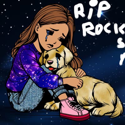 realistic girl crying with a realistic dog laying on her lap