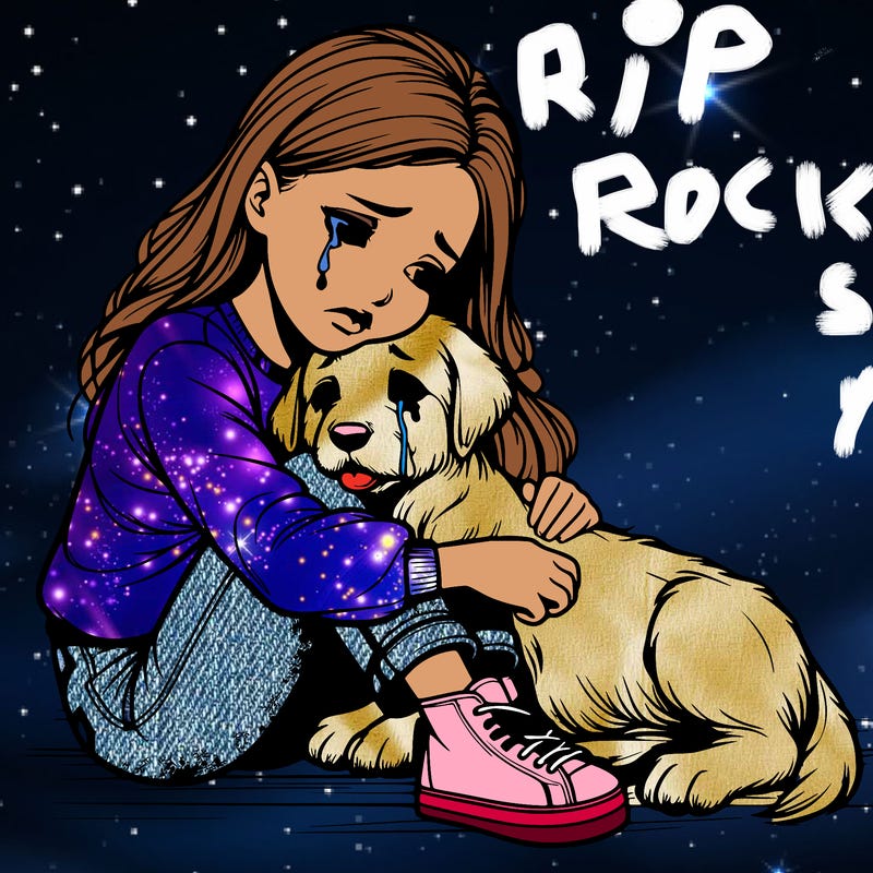 realistic girl crying with a realistic dog laying on her lap