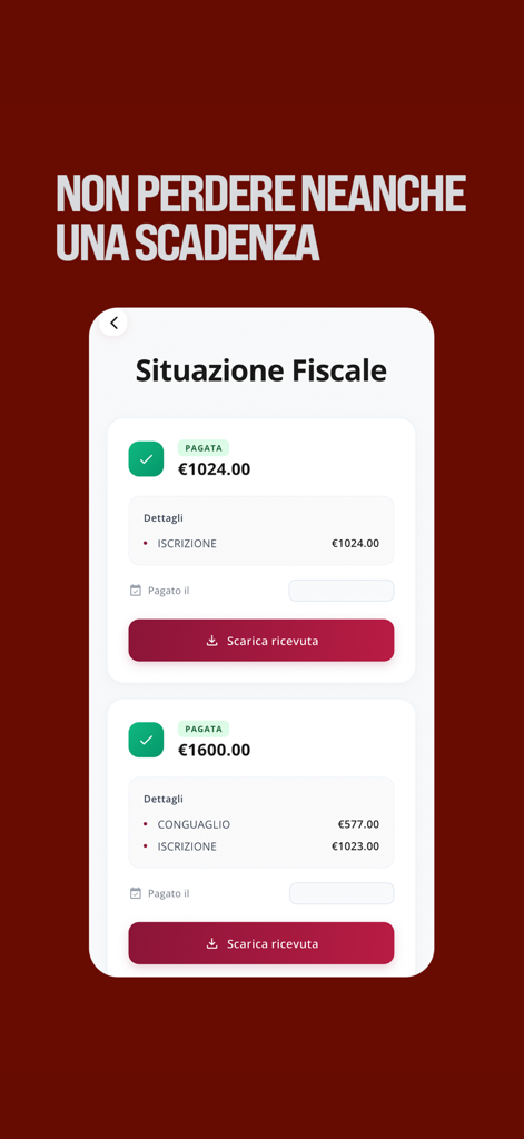 Studenti Roma - Schermata dell'app mobile che mostra lo stato dei pagamenti delle tasse universitarie e le opzioni di download delle ricevute per gli studenti Sapienza
