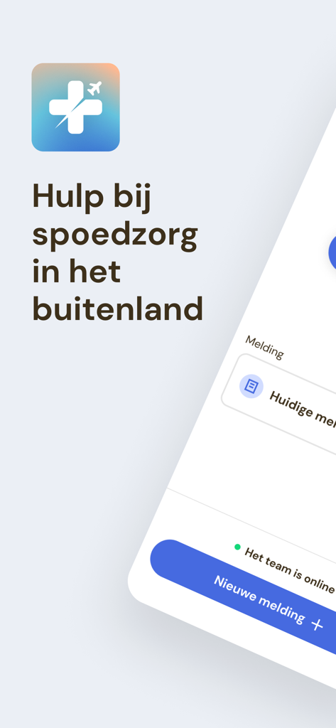 Spoedzorg op reis - Spoedzorg op reisアプリのスマートフォン画面。海外での緊急医療支援がオランダ語で表示されています。