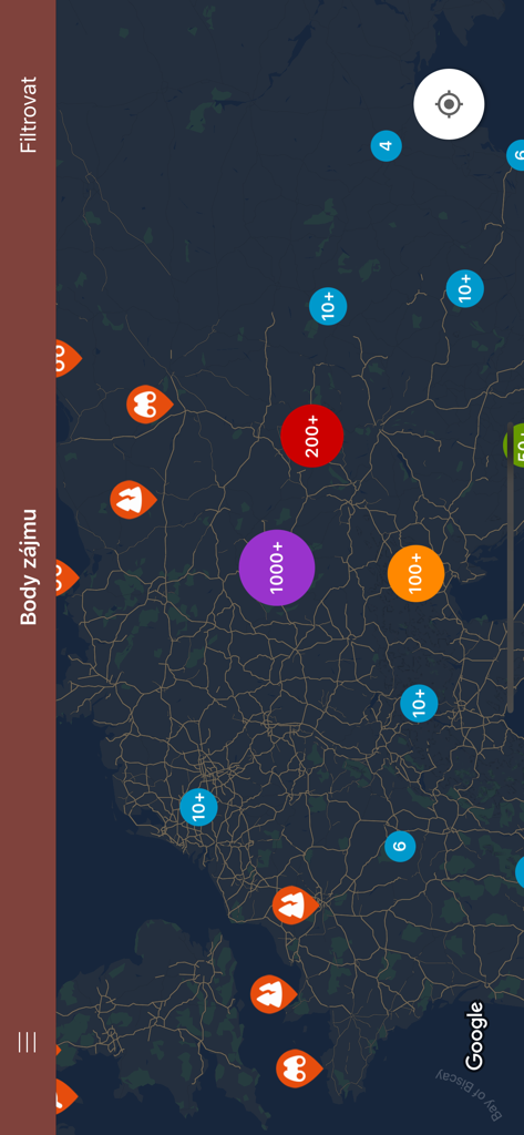 Motorkari.cz - Screenshot of the Motorkari.cz app map displaying clusters of motorcycle points of interest.