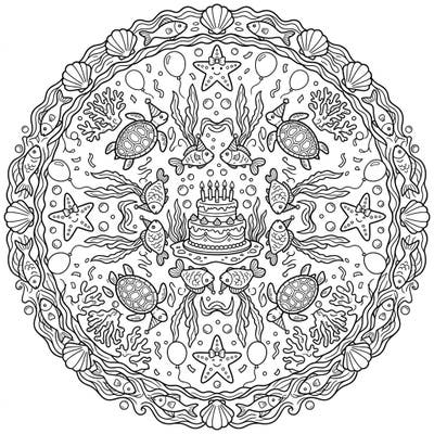 Dive into an enchanting underwater world where marine life celebrates! This intricate mandala combines the magic of the ocean with a joyful birthday party, ready for your creative touch.
