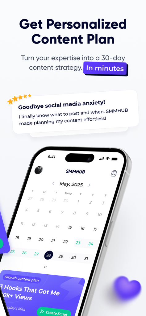 SMMHUB 앱 인터페이스, 개인화된 30일 소셜 미디어 콘텐츠 계획 및 마케팅 캘린더 표시