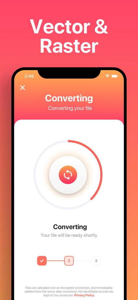 Ein Smartphone-Bildschirm, der den Fortschritt einer Dateikonvertierung von Raster zu Vektorformat zeigt.