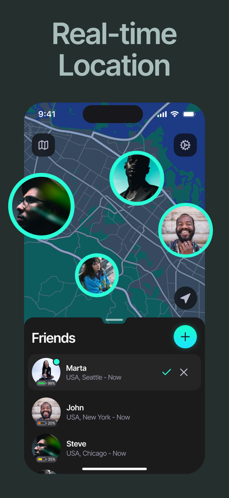 Mapa de ubicación en tiempo real en la aplicación Phone Tracker mostrando las posiciones y niveles de batería de los amigos conectados
