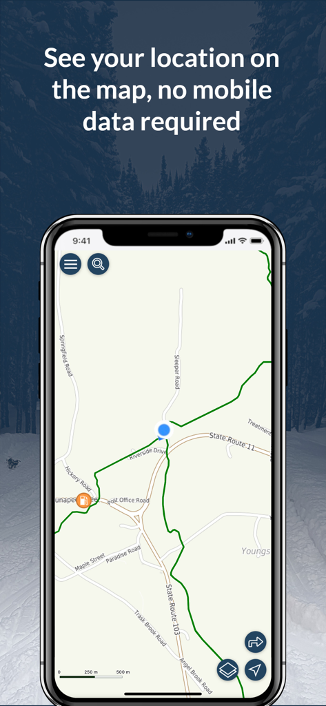 SledNH app screenshot showing snowmobile trails and GPS location on an offline map.