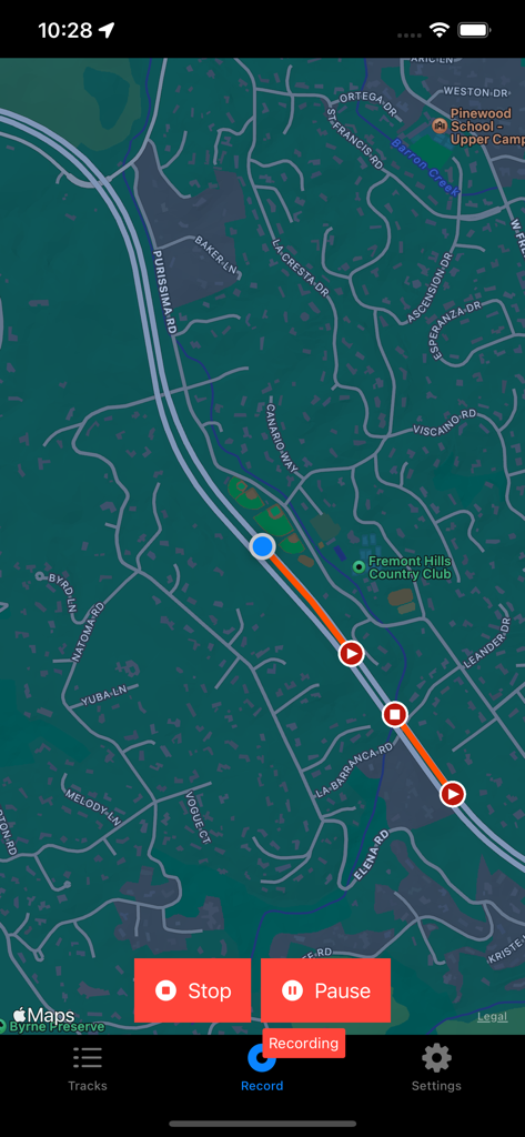 Location Tracker - GPS Logger - Location Tracker app screen showing a tracked route on a dark mode map