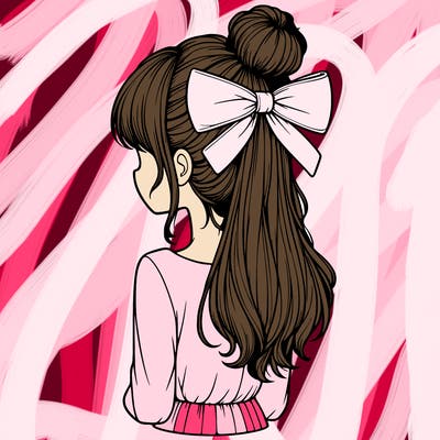 realistic girl  with hip length hair a bun and a big bow on the back of head