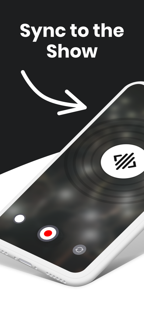 CrowdFX - A smartphone displaying the CrowdFX app interface with the text Sync to the Show and a synchronization icon.
