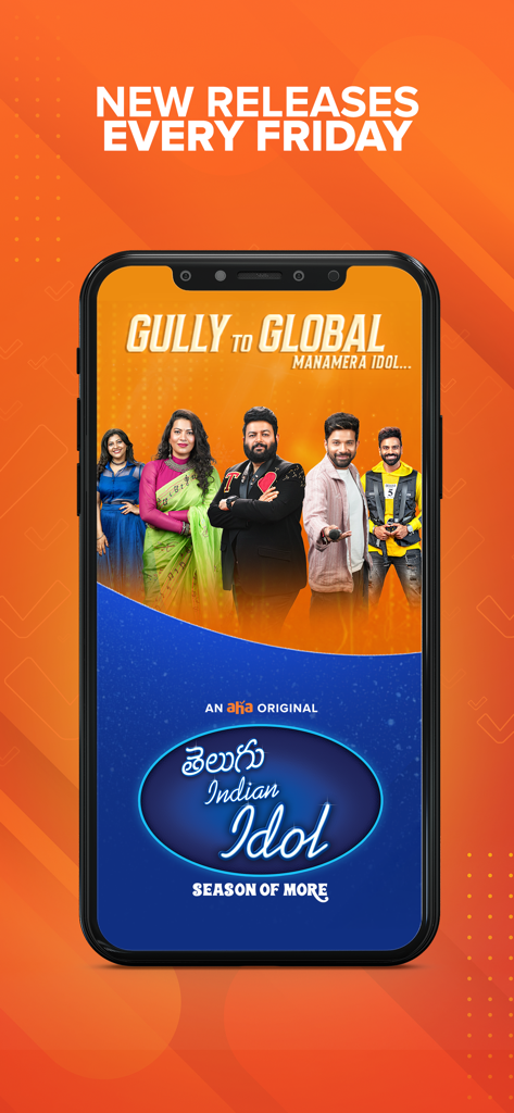 Smartphone screen showing the aha app promoting the Telugu Indian Idol original series