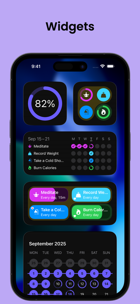 Grit: Daily Habit Tracker - Schermata Home dell'iPhone che mostra vari widget dell'app Grit per tracciare abitudini e progressi giornalieri