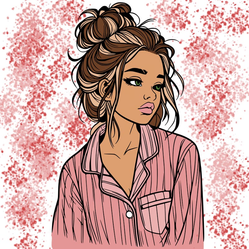 realistic woman with pajamas on and a messy bun