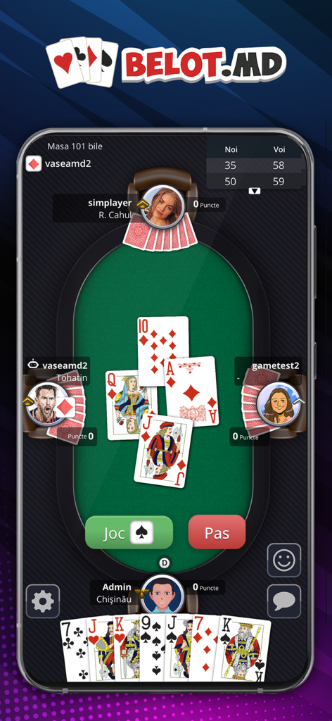 Belot.md mobile Kartenspiel-Oberfläche mit Online-Spielern