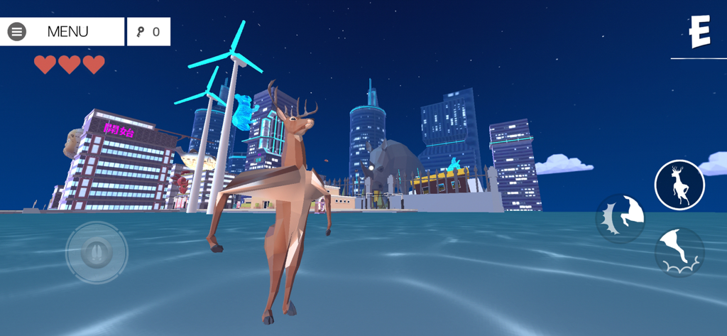 DEEEER Simulator: Modern World - Um cervo musculado de pé na água em frente a um horizonte de cidade neon à noite em DEEEER Simulator