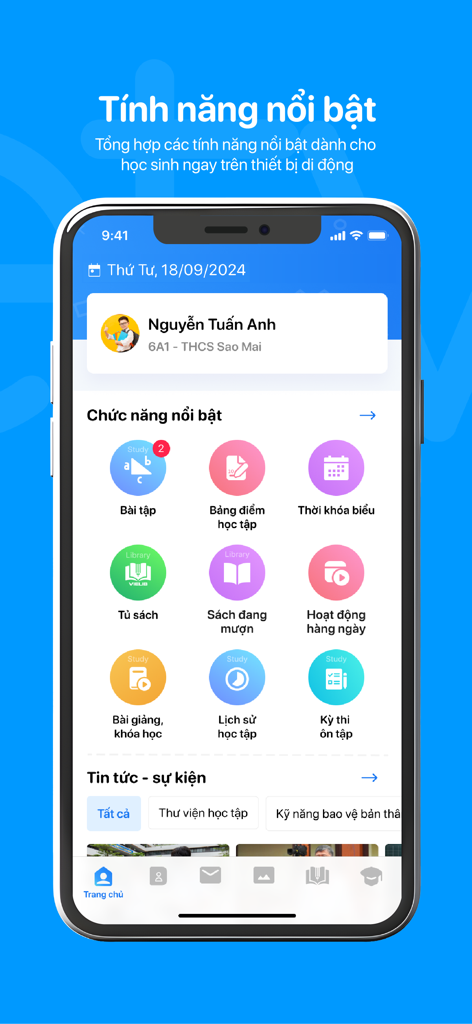 eNetViet Học sinh - Main dashboard of the eNetViet student app showing academic features like homework grades and timetable