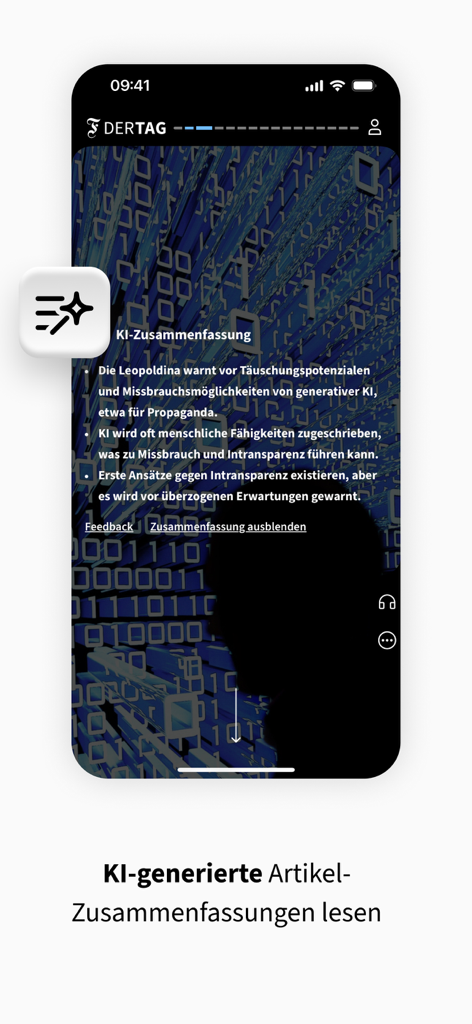 F.A.Z. Der Tag - Nachrichten - iPhone screen showing AI-generated news summaries in the FAZ Der Tag mobile app