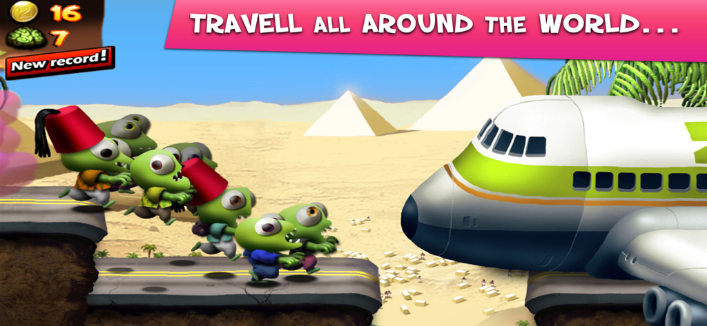 Zombie Tsunami - 뒤쪽에 피라미드가 있는 사막 환경에서 비행기를 향해 달리는 녹색 만화 좀비 그룹.