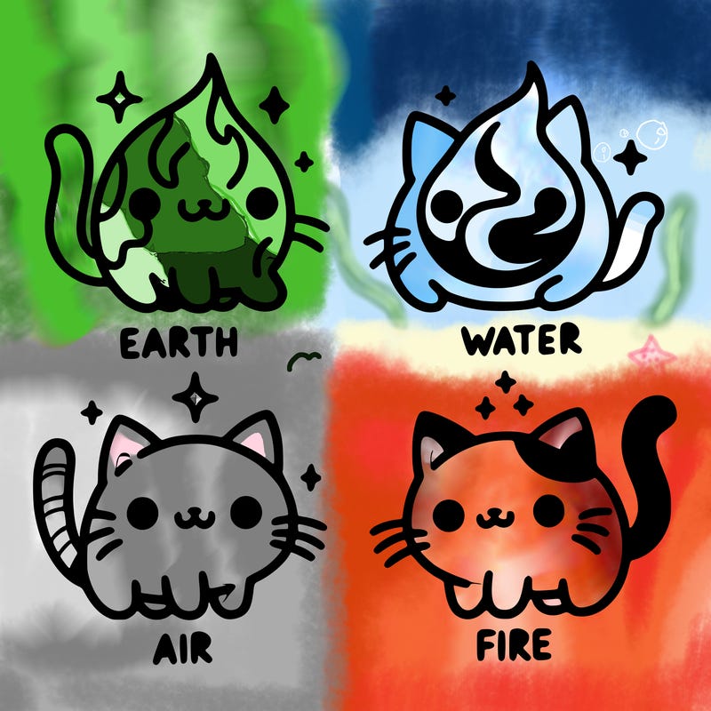 4 cats that represent the different elements, earth, water, air, and fire