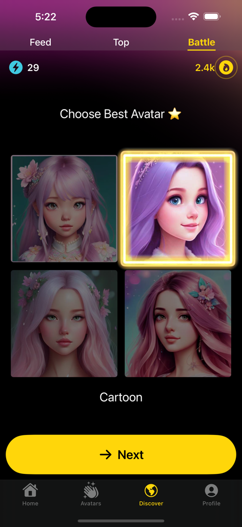 Un écran de sélection dans l'application Aisma montrant quatre avatars de style dessin animé générés par IA pour une fonction de vote de bataille.