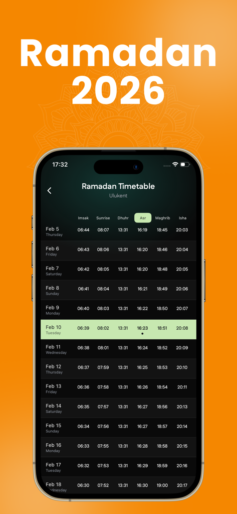Ramadan Calendar 2026: Safa - Safa app displaying the Ramadan 2026 prayer timetable and daily schedule on a smartphone