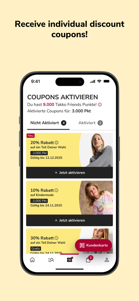 Oberfläche der Takko Friends App, die verschiedene Mode-Rabattgutscheine und Prämienpunkte anzeigt