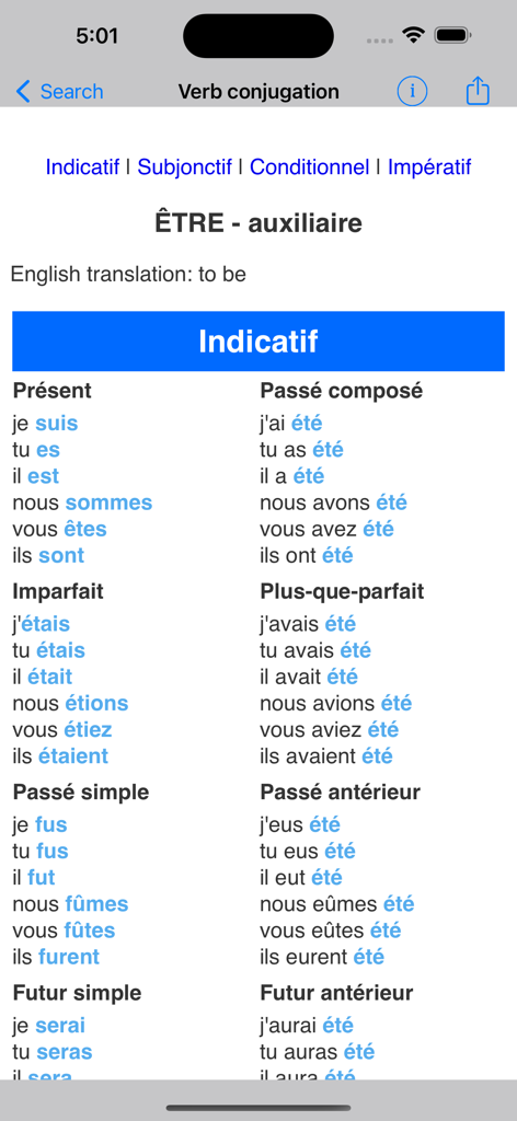 Le Conjugueur - French verb etre conjugation in indicative mood