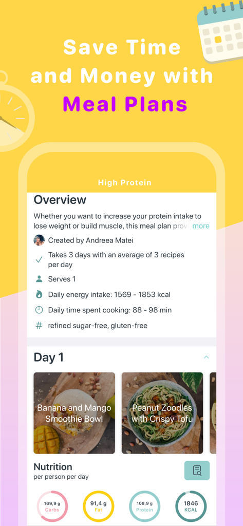 Plantiful - Healthy Recipes - Plantiful app meal plan overview showing high protein recipes and daily nutrition facts