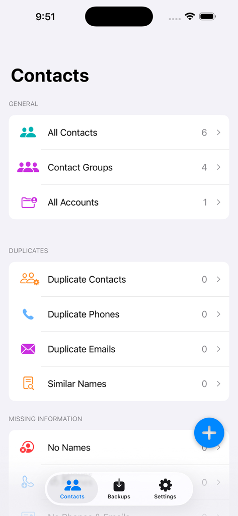 Haupt-Dashboard der Contact Backup-App, das Kontaktgruppen und Optionen zur Duplikatenbereinigung auf einer iPhone-Oberfläche anzeigt.
